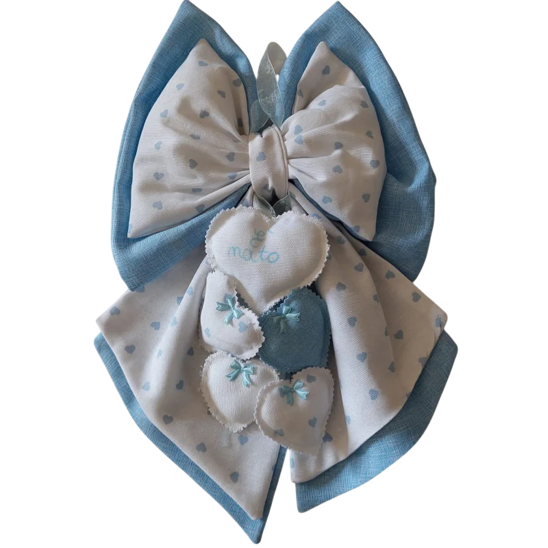 Handmade Blue Birth Announcement Bow with Hearts