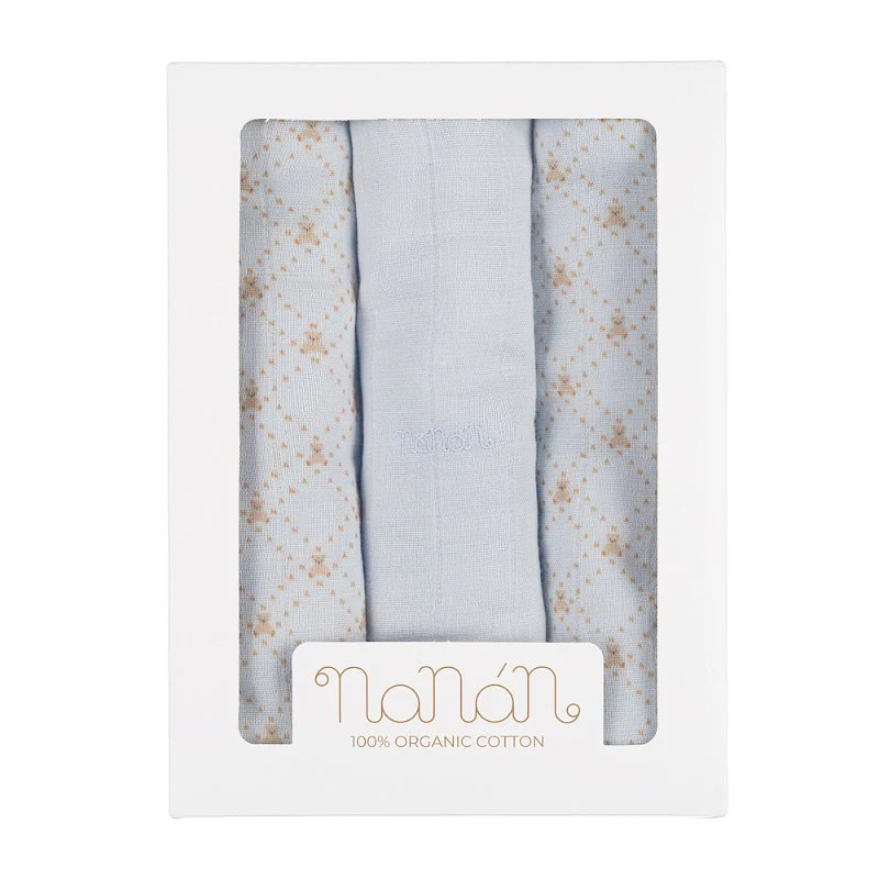 Set 3 mussole Nanan all over lettering 80x80 cm azzurro