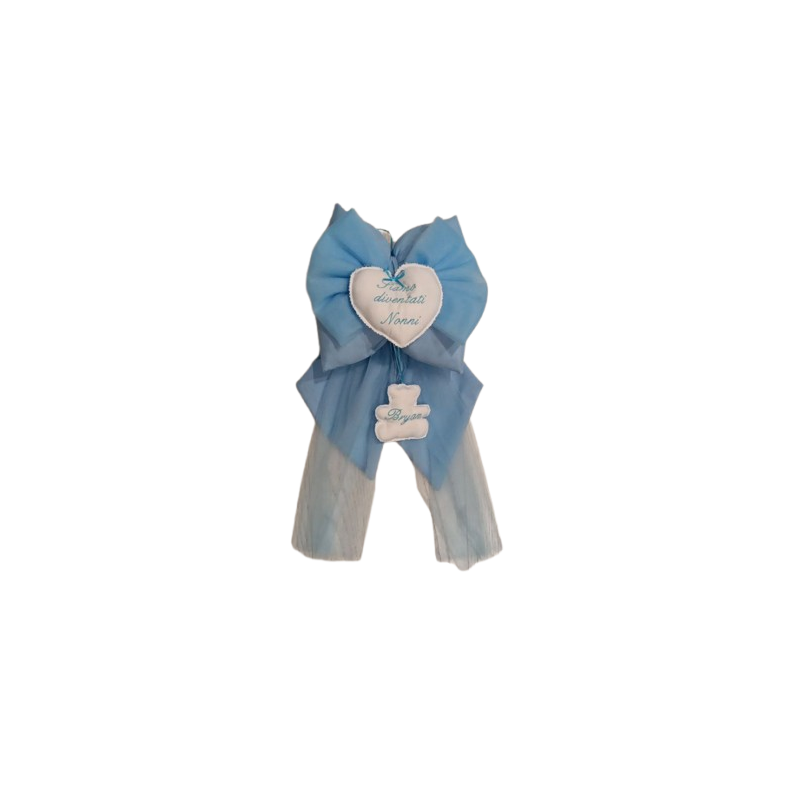 Fiocco Nascita Azzurro in Tulle con Ricamo