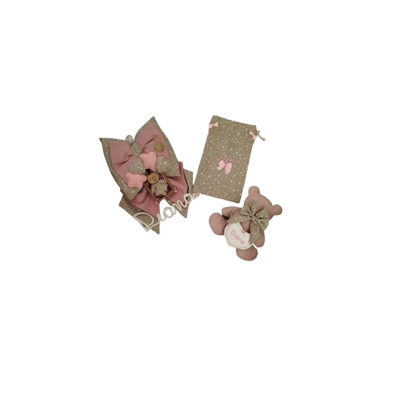 Set fiocco nascita Rosa con Sacchetto e Orsetto