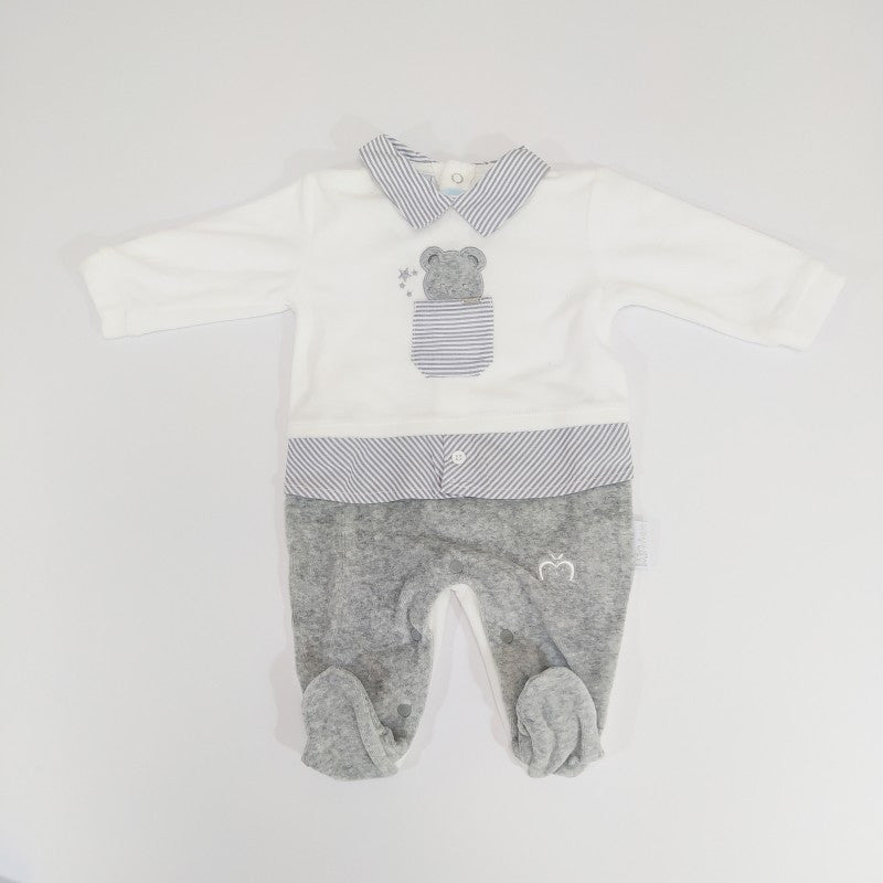 Tutina In Ciniglia Con Ricamo Bianco Grigio 3/6 Mesi